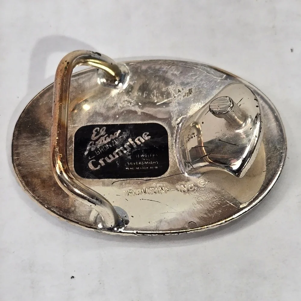 Vtg Crumrine El Arturo Bronze Western Belt Buckle Gold Floral Scroll Rope Edge